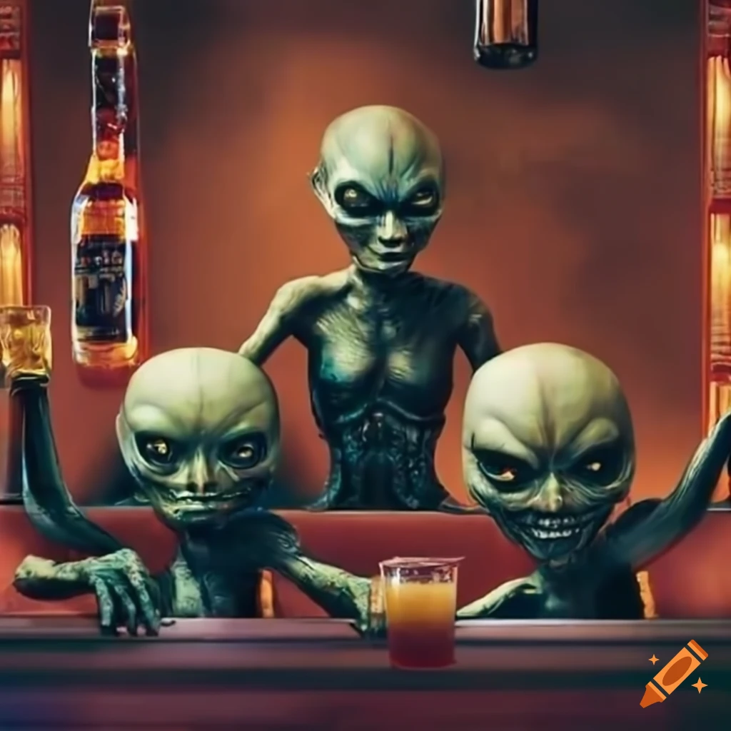 illustration of aliens enjoying drinks at a bar
