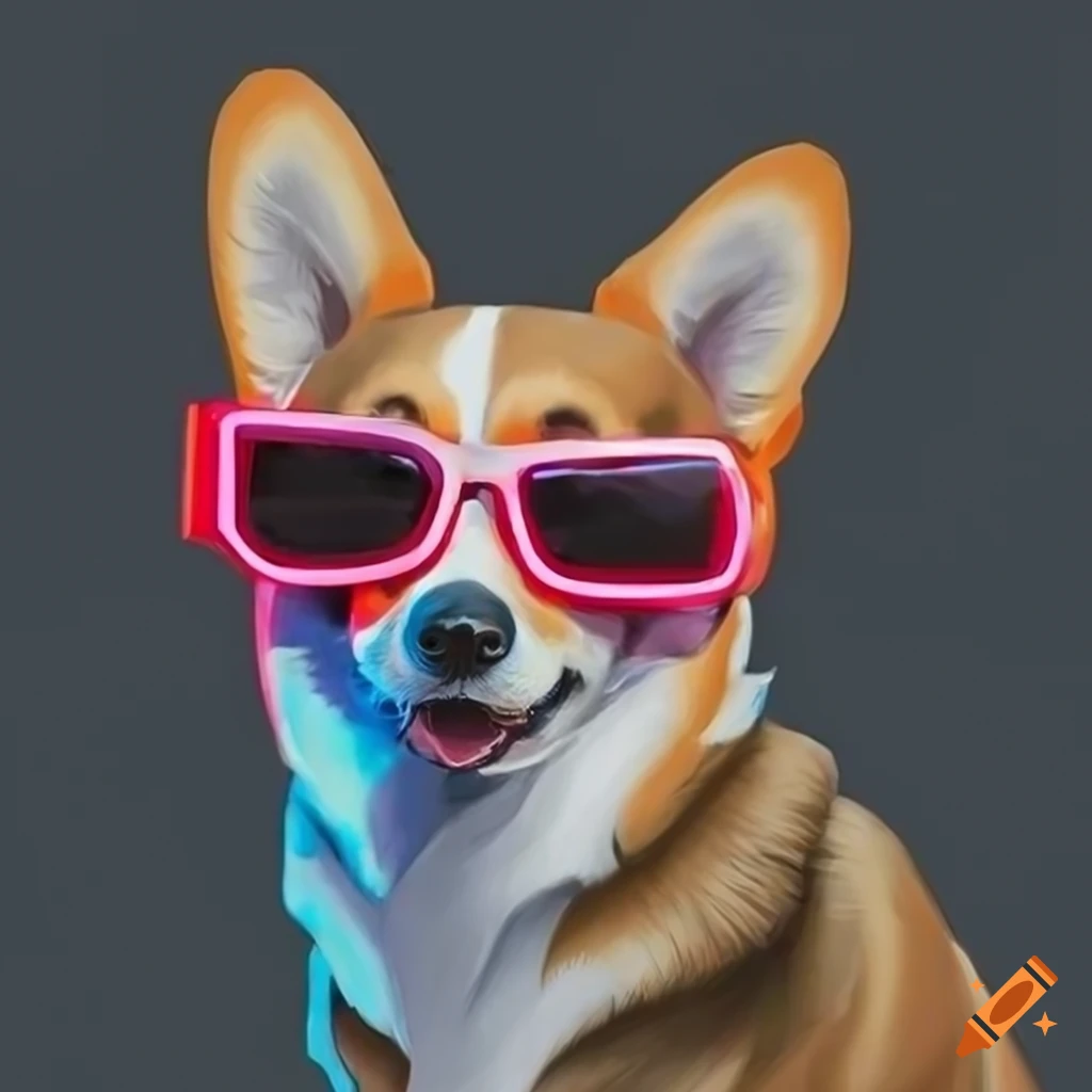 hyper realistic drawing of a corgi wearing neon sunglasses
