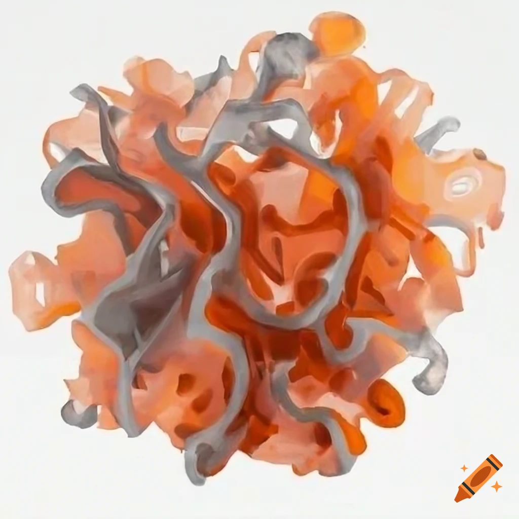 cubist abstract artwork with coral, amber, and silver hues on white