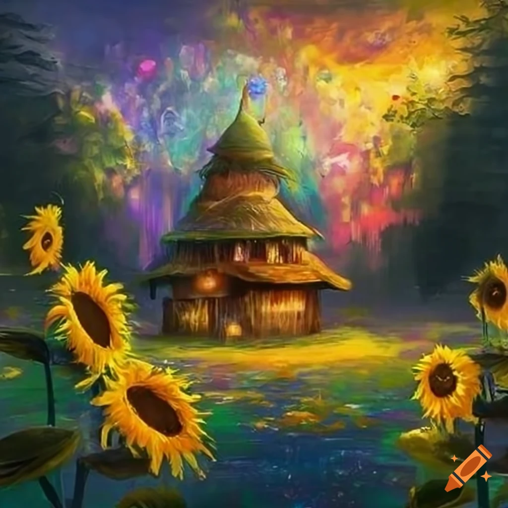 epic fantasy treehouse surrounded by sunflowers