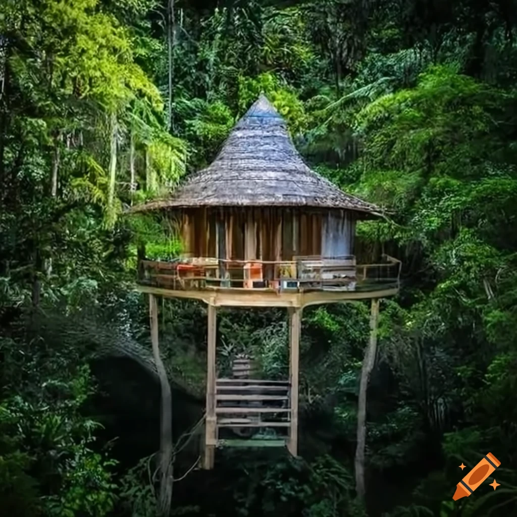 modern treehouse surrounded by vines in rainforest