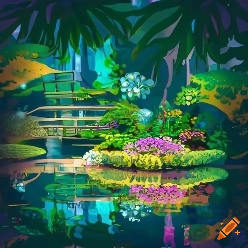Japanese-style garden with a pond and wild plants