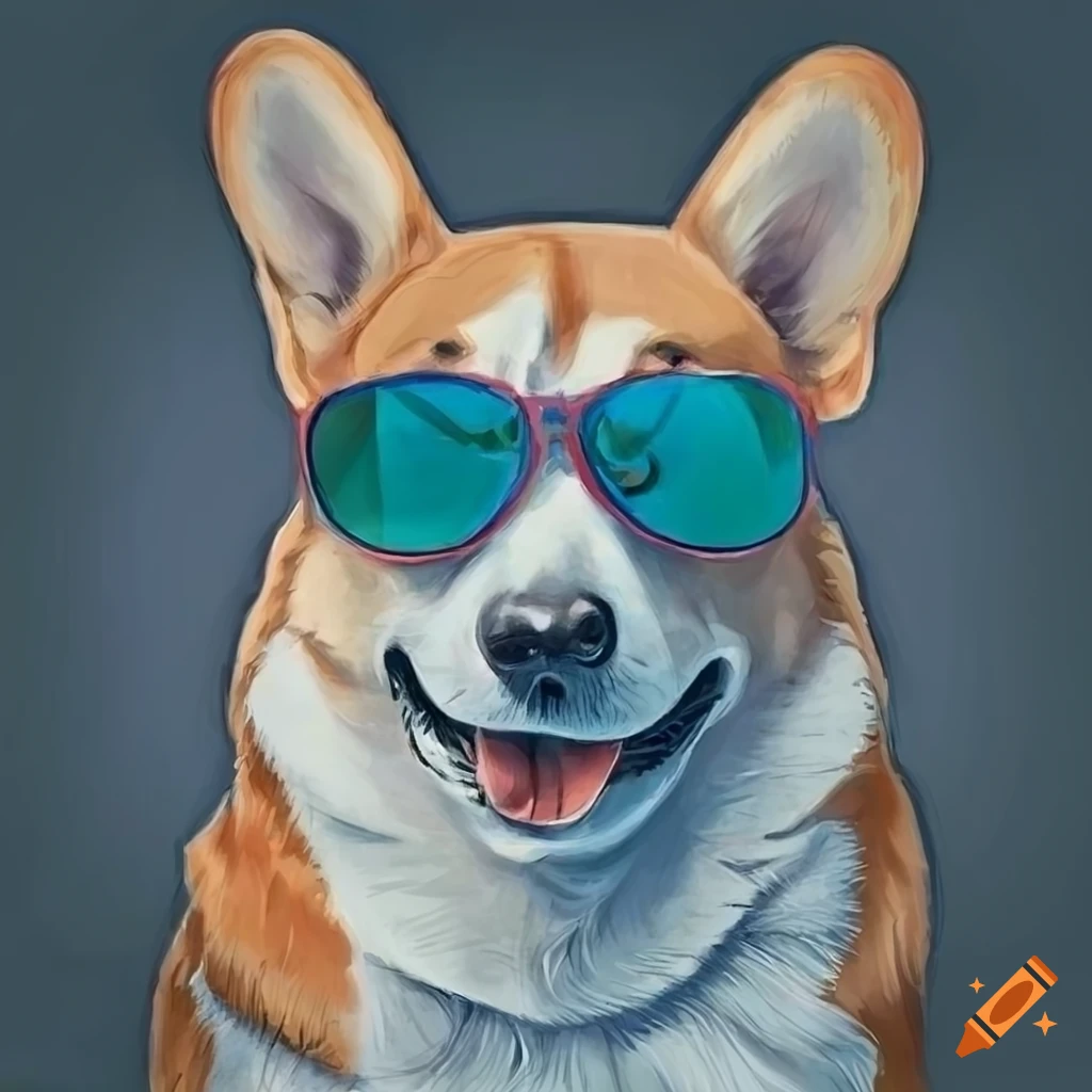 hyper realistic drawing of a corgi wearing aviator sunglasses