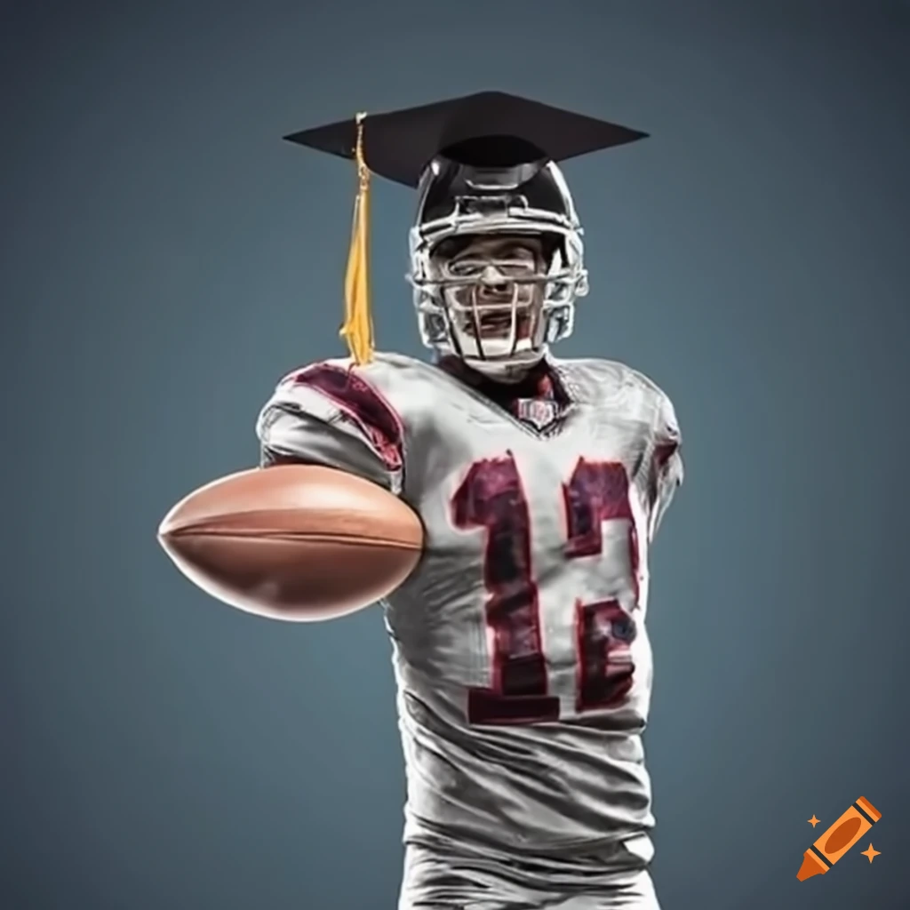 NFL player with a graduation hat holding a football