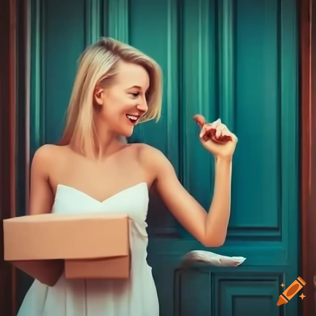 happy blonde woman receiving a package at her doorstep