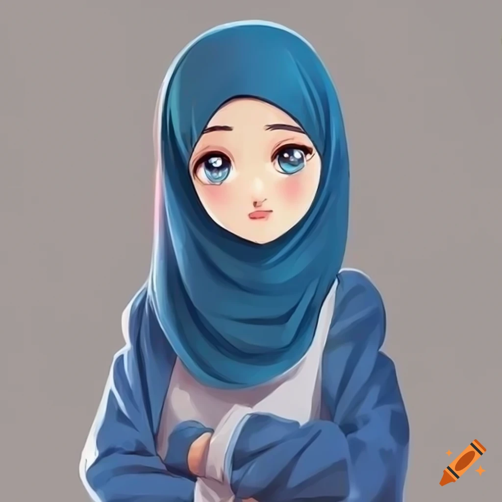 Cartoon character of a girl in hijab with blue jacket and white t-shirt ...