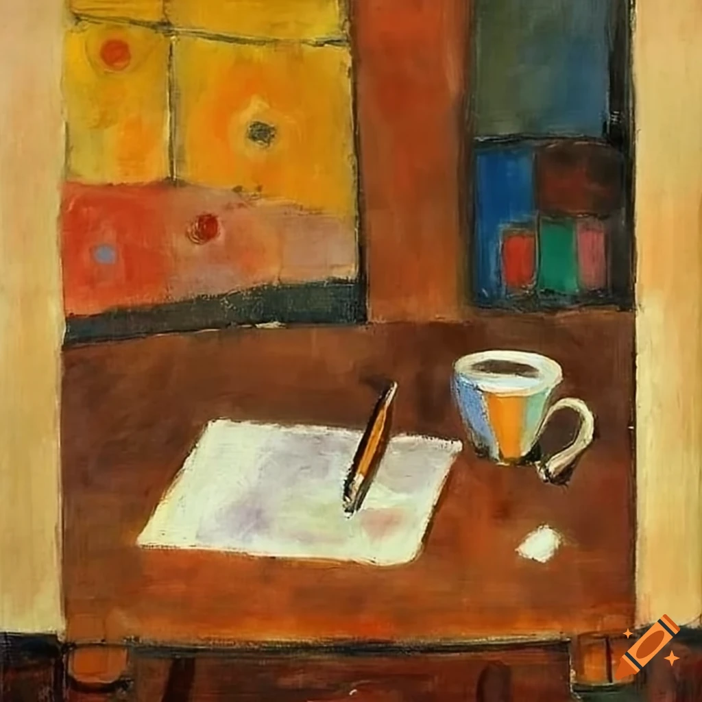 Paul Klee-inspired desk setup with fountain pen and coffee cup