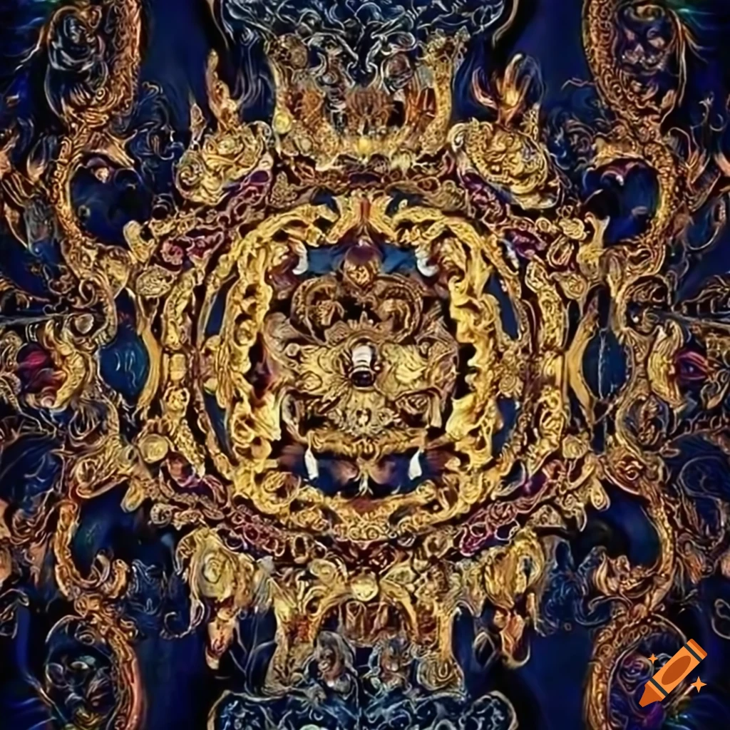 artwork of a regal queen with golden dragon designs