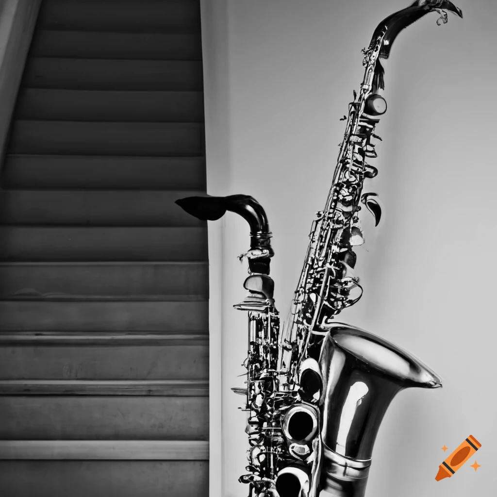 black and white image of a staircase with a saxophone