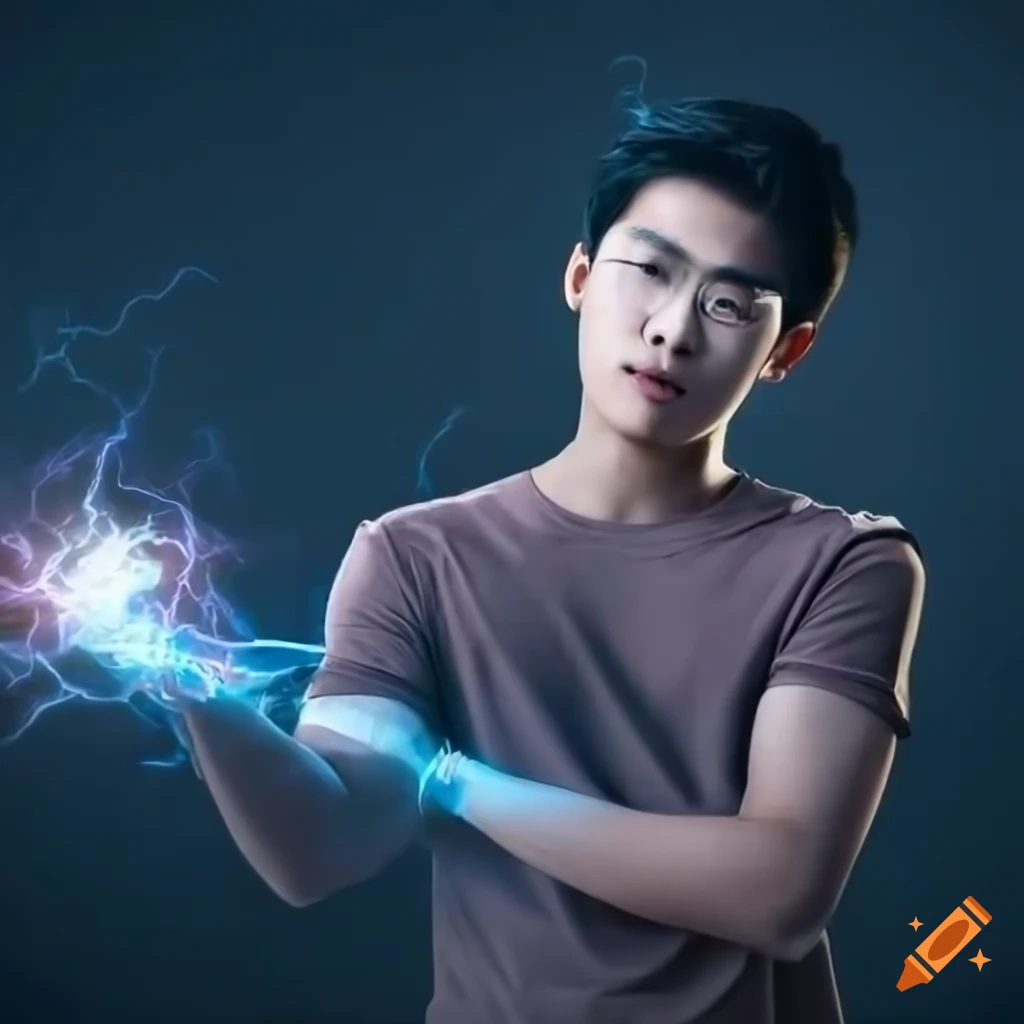 digital art of a young Asian man with lightning powers