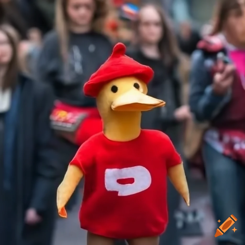 stuffed animal Duck wearing a red t shirt in a crowd