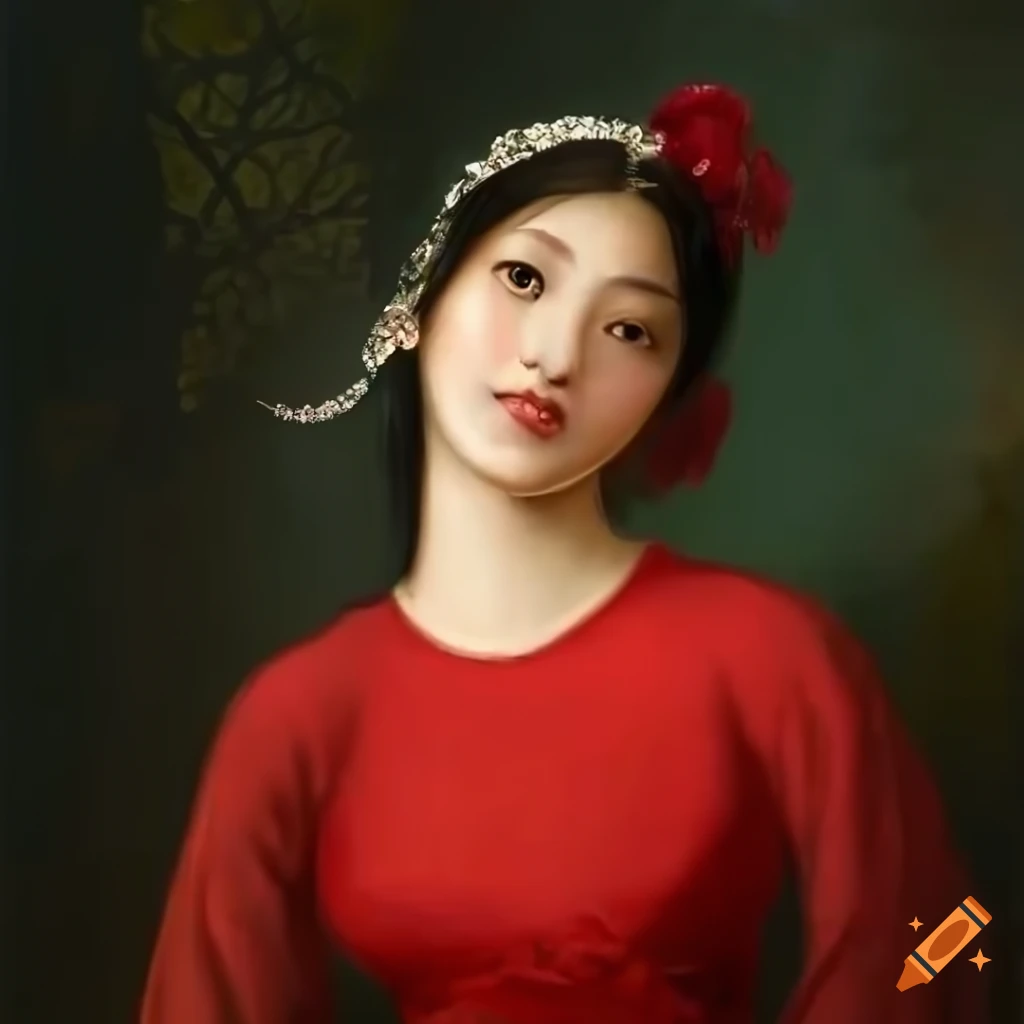 Vietnamese Thumbelina in red ao dai surrounded by peonies and orchids