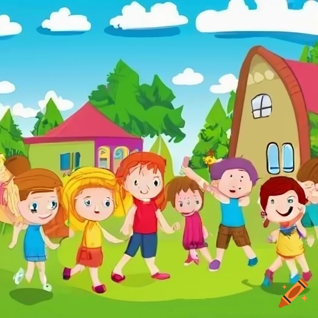 cartoon kids playing at the kindergarten