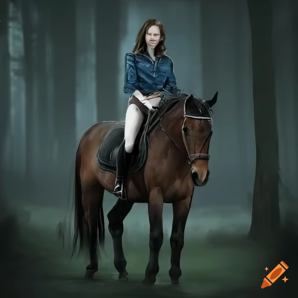 photo of Michelle Trachtenberg riding a horse in a forest