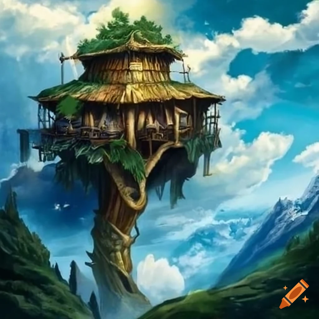 epic fantasy art of a massive treehouse in the clouds