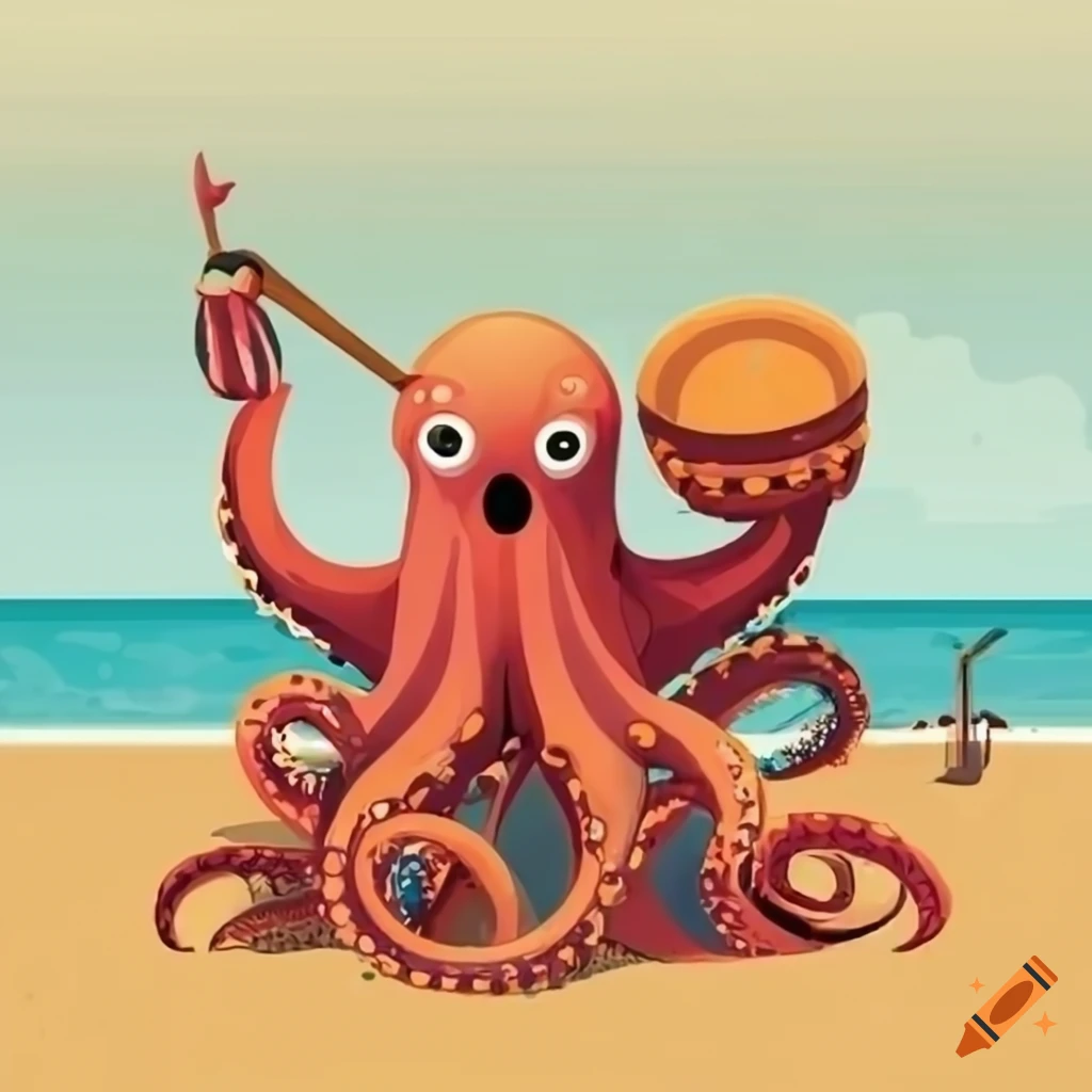 Octopus Playing Instrument Vector graphic of an octopus playing drums on the beach
