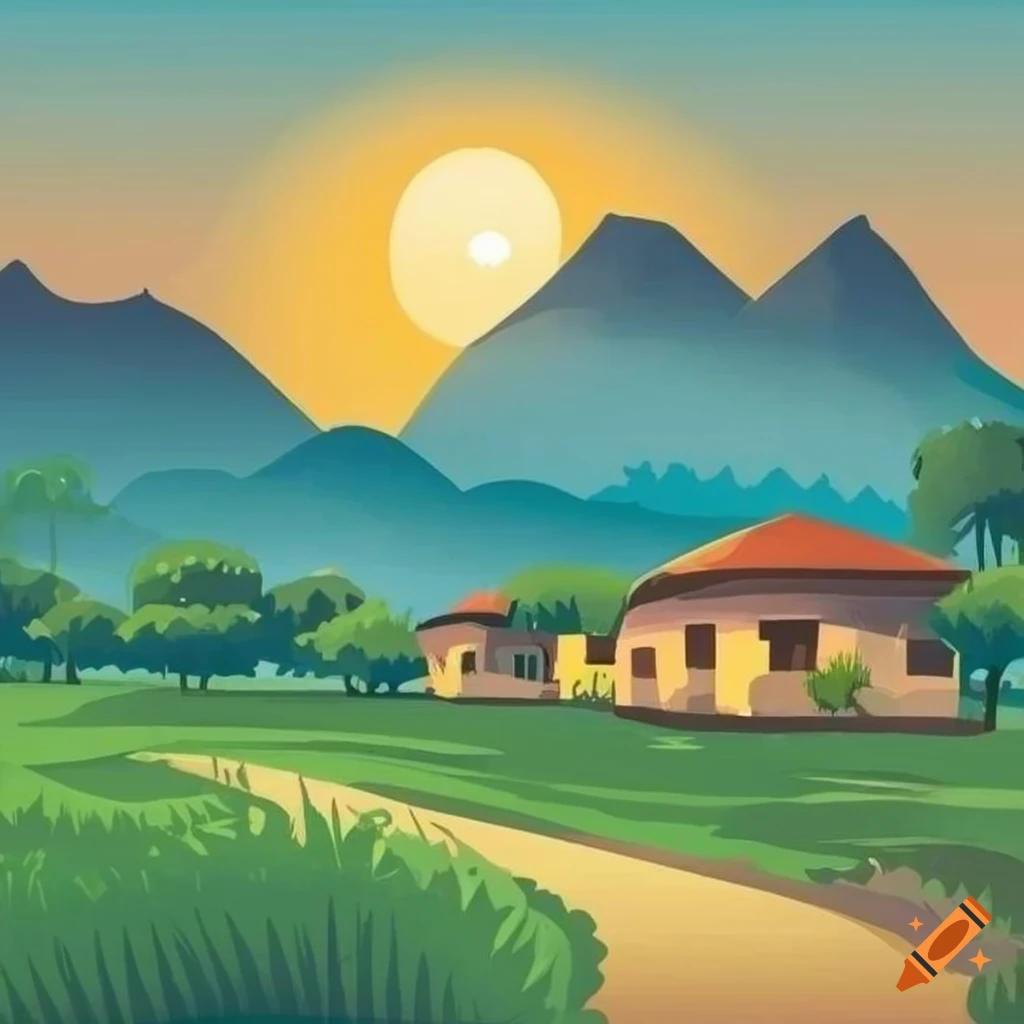 Ghibli style illustration of an Indian village at sunrise