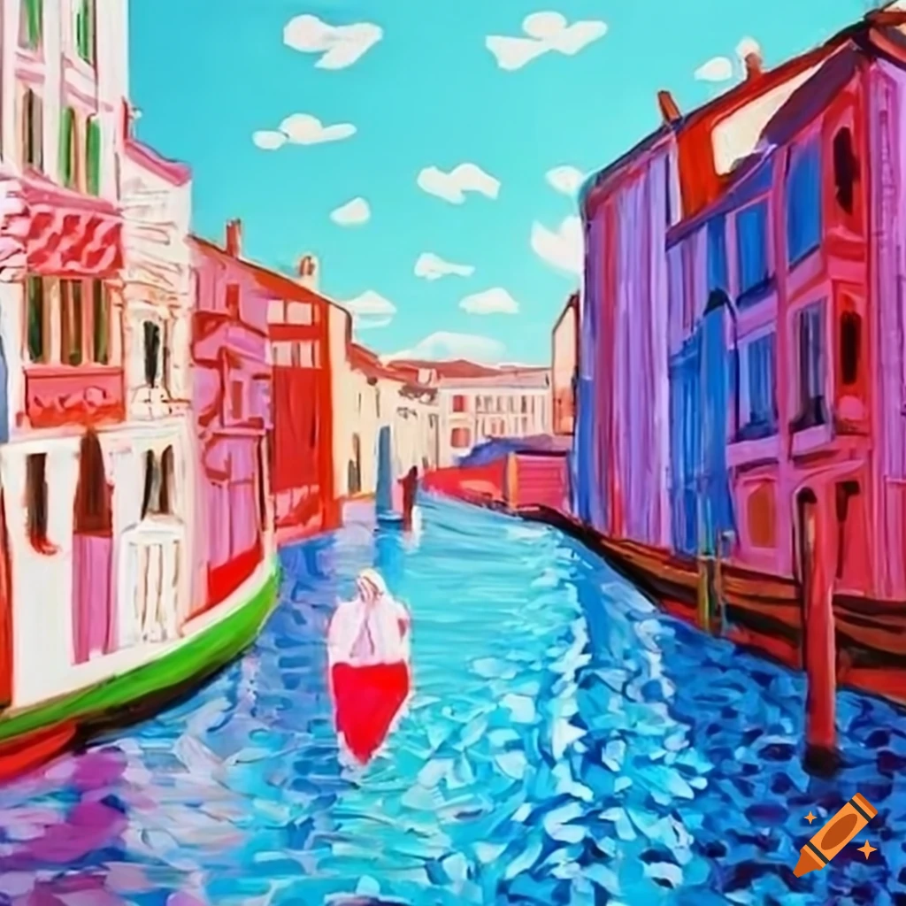 Venice spring oil painting in David Hockney's pop art style