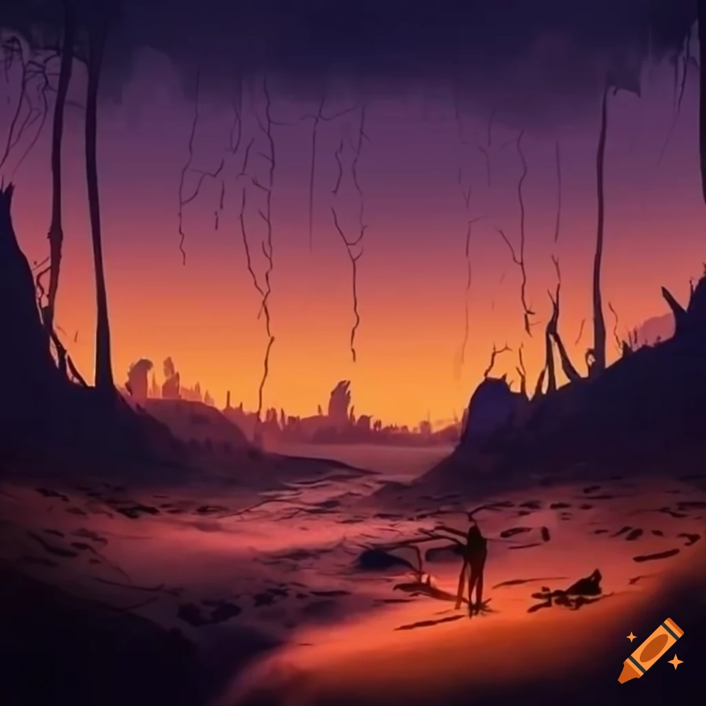 mysterious prehistoric setting at dusk