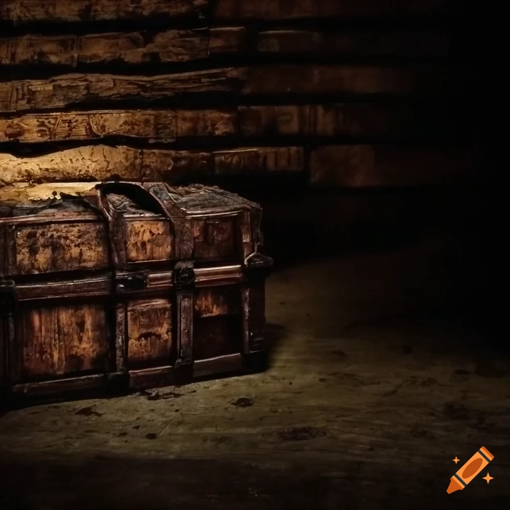 dark room filled with old wooden chests