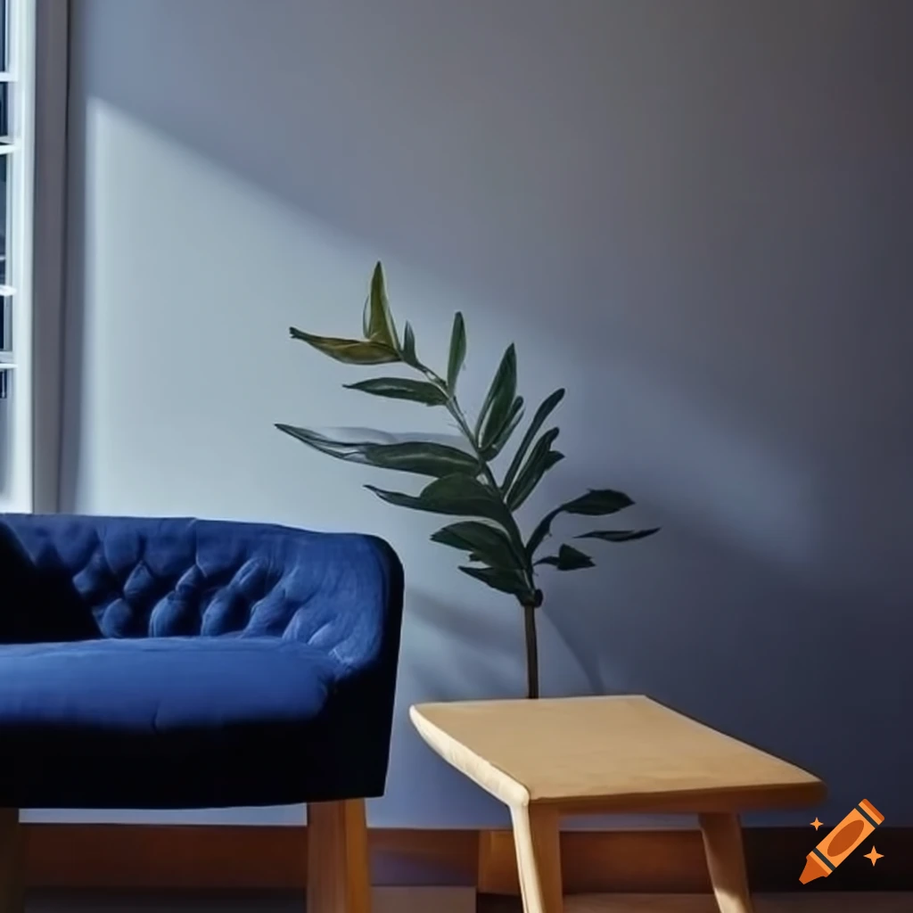 modern lounge with navy blue furniture and plants