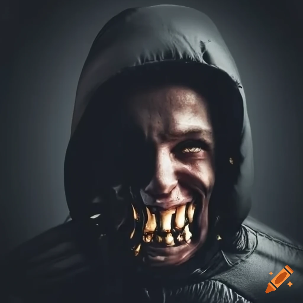 person wearing black down jacket with embroidered tears