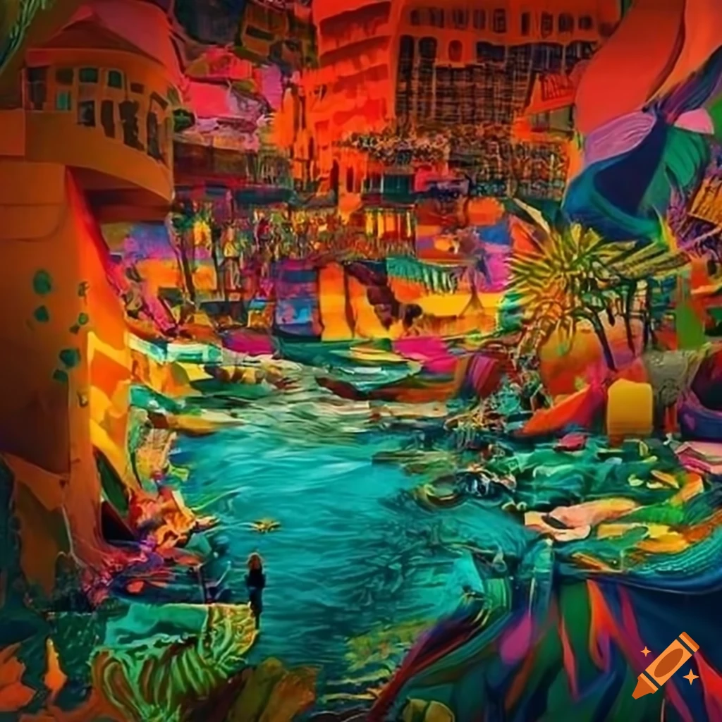 fragmented artwork of an oasis amidst chaos