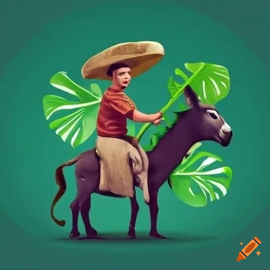 farmer holding a monstera leaf while riding a donkey