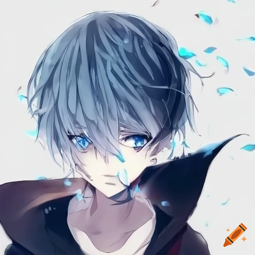 anime boy with white hair and blue eyes shedding tears