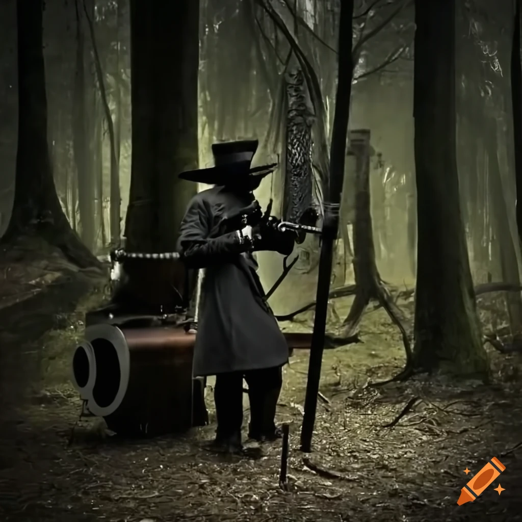 plague doctor with sound machine in a forest