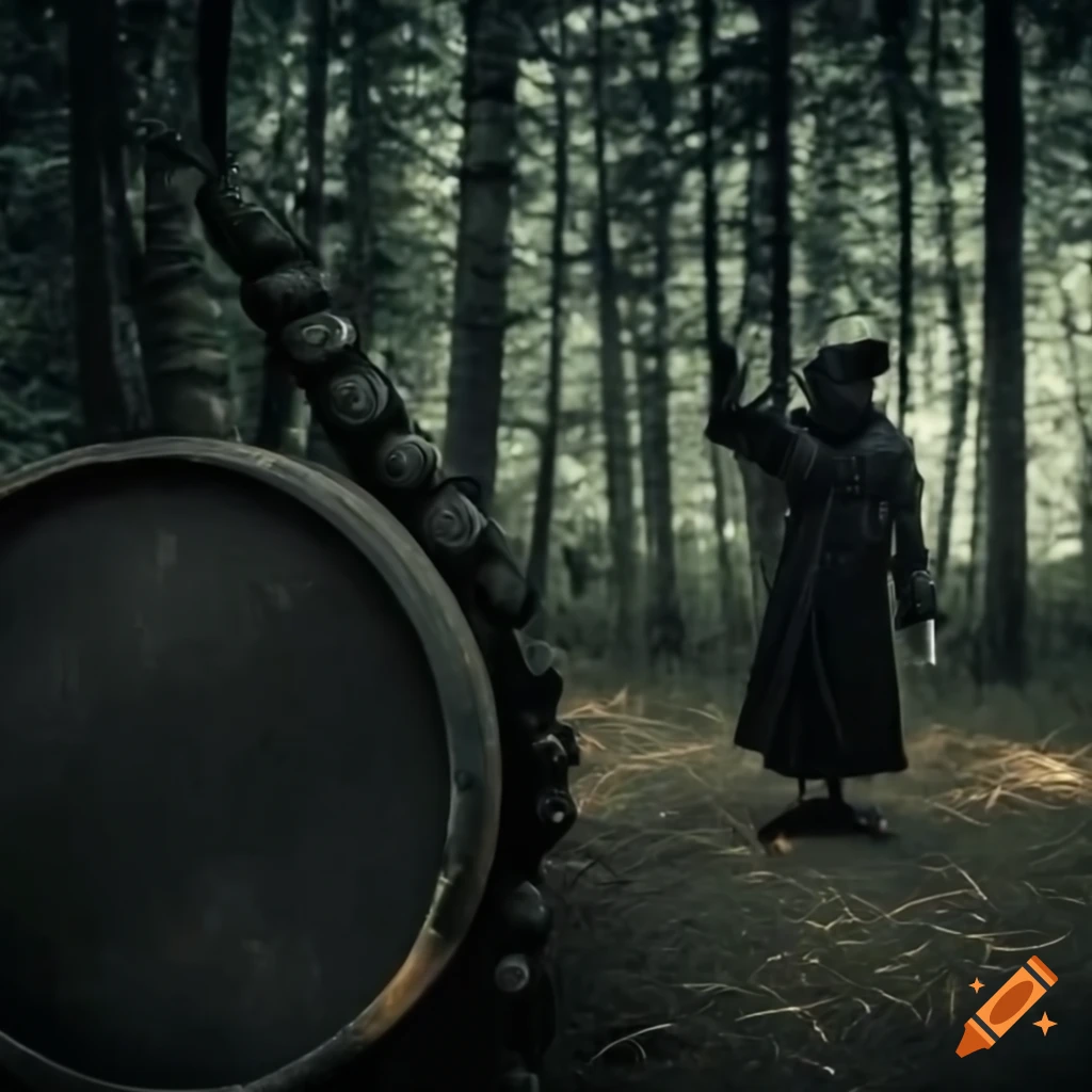plague doctor with sound machine in a forest