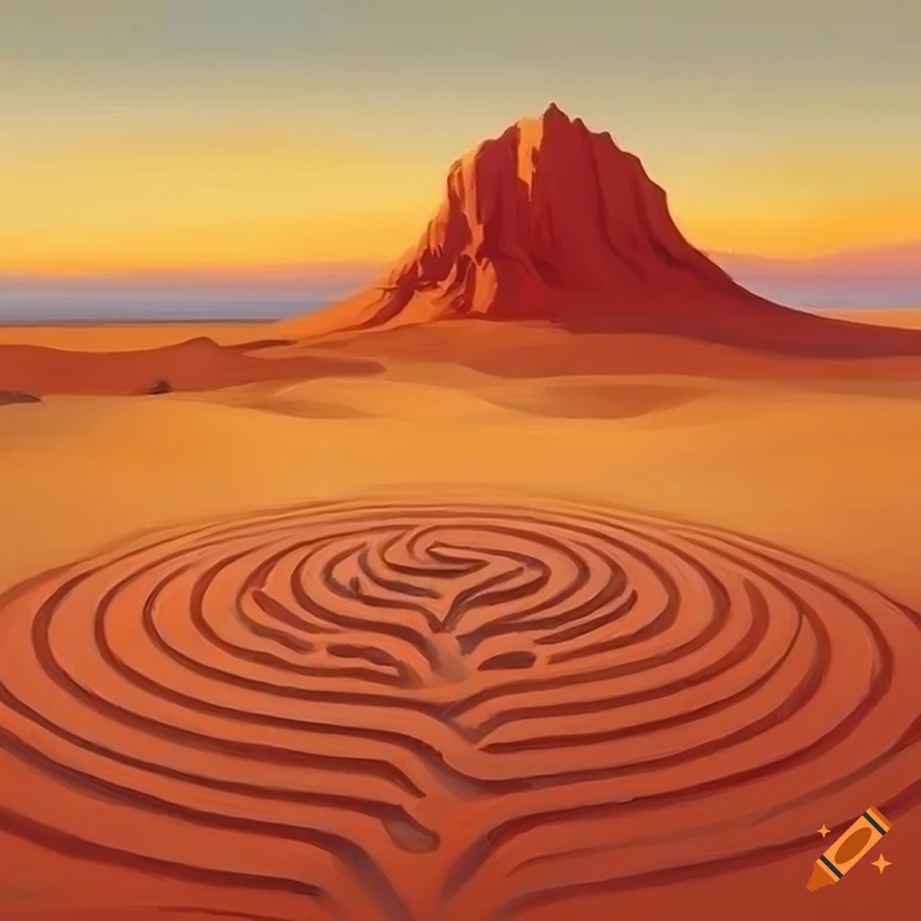 soft-colored painting of a desert labyrinth