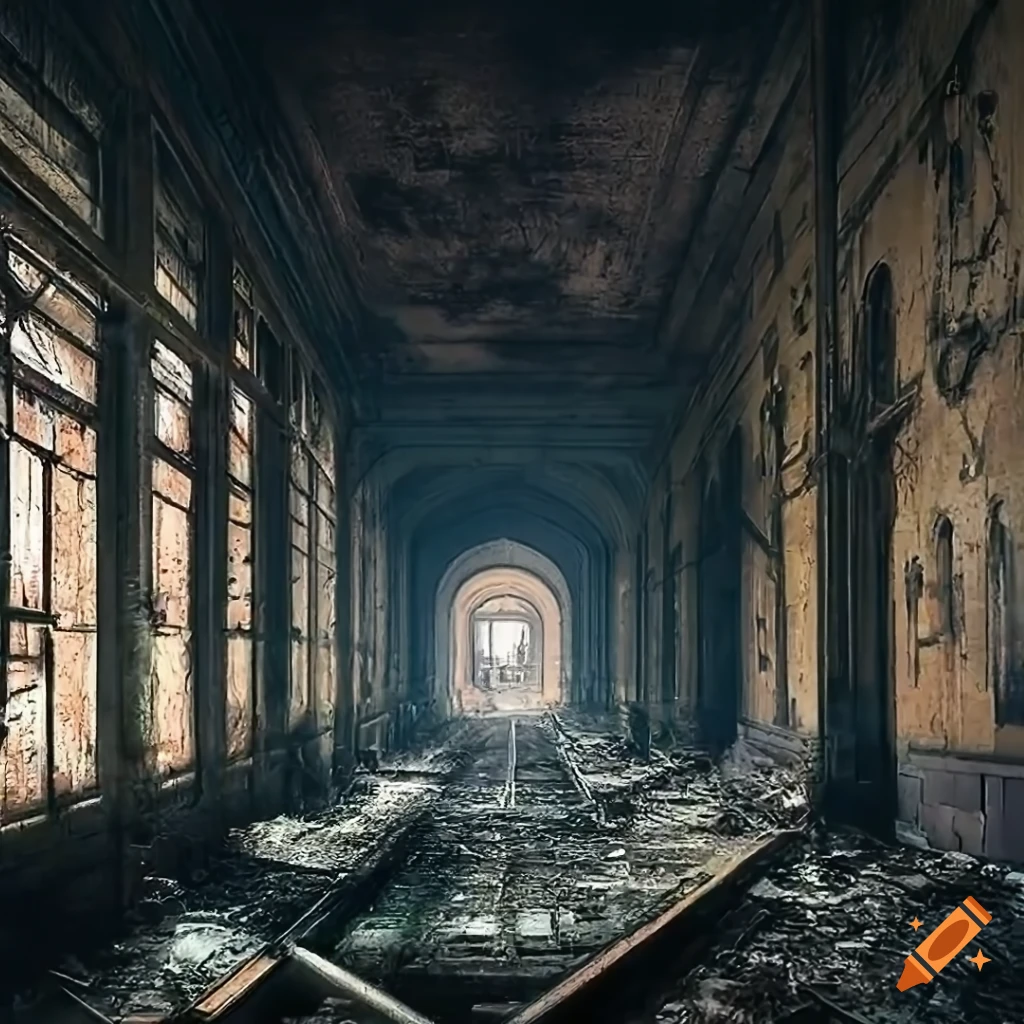 photorealistic depiction of a dark abandoned train station