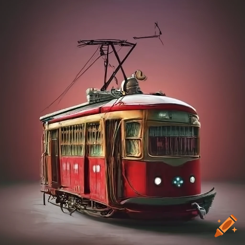 red dieselpunk streetcar