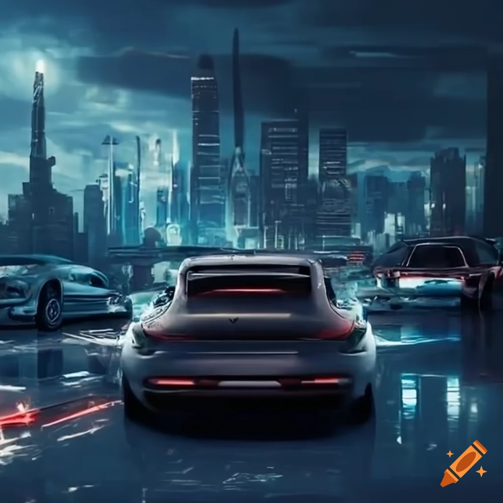 digital manipulation of an electric Porsche 911 in a futuristic city