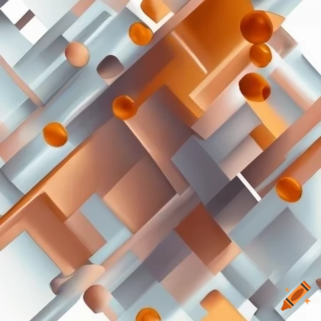 cubist abstract artwork with coral, amber, and silver hues