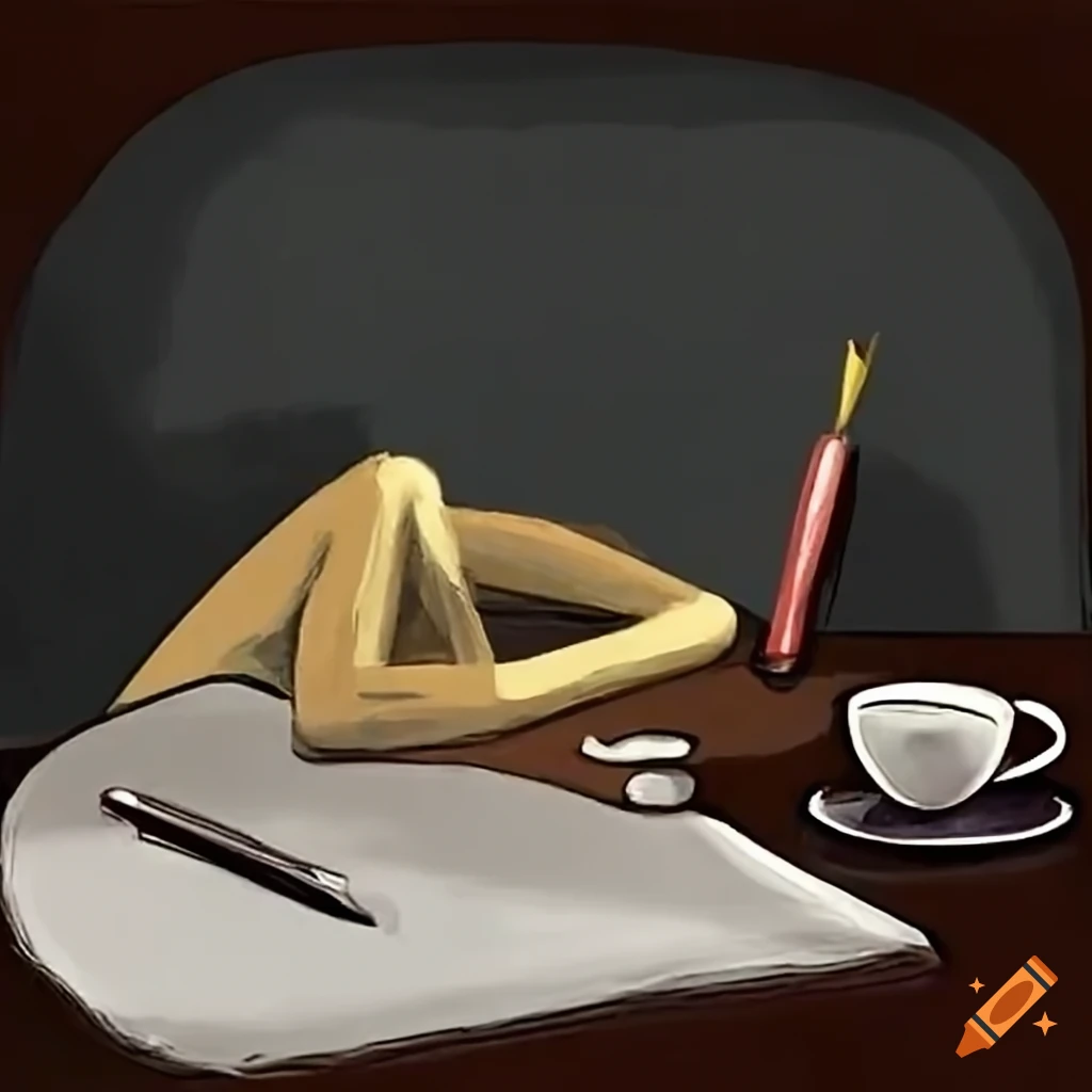 Pablo Picasso's desk with fountain pen and coffee cup