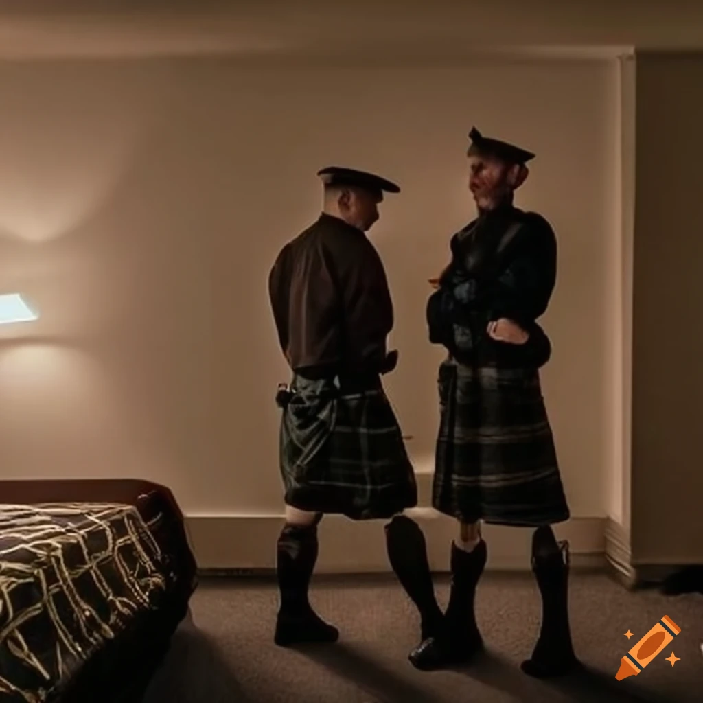 90s-inspired image of a policeman and a man in Scottish attire