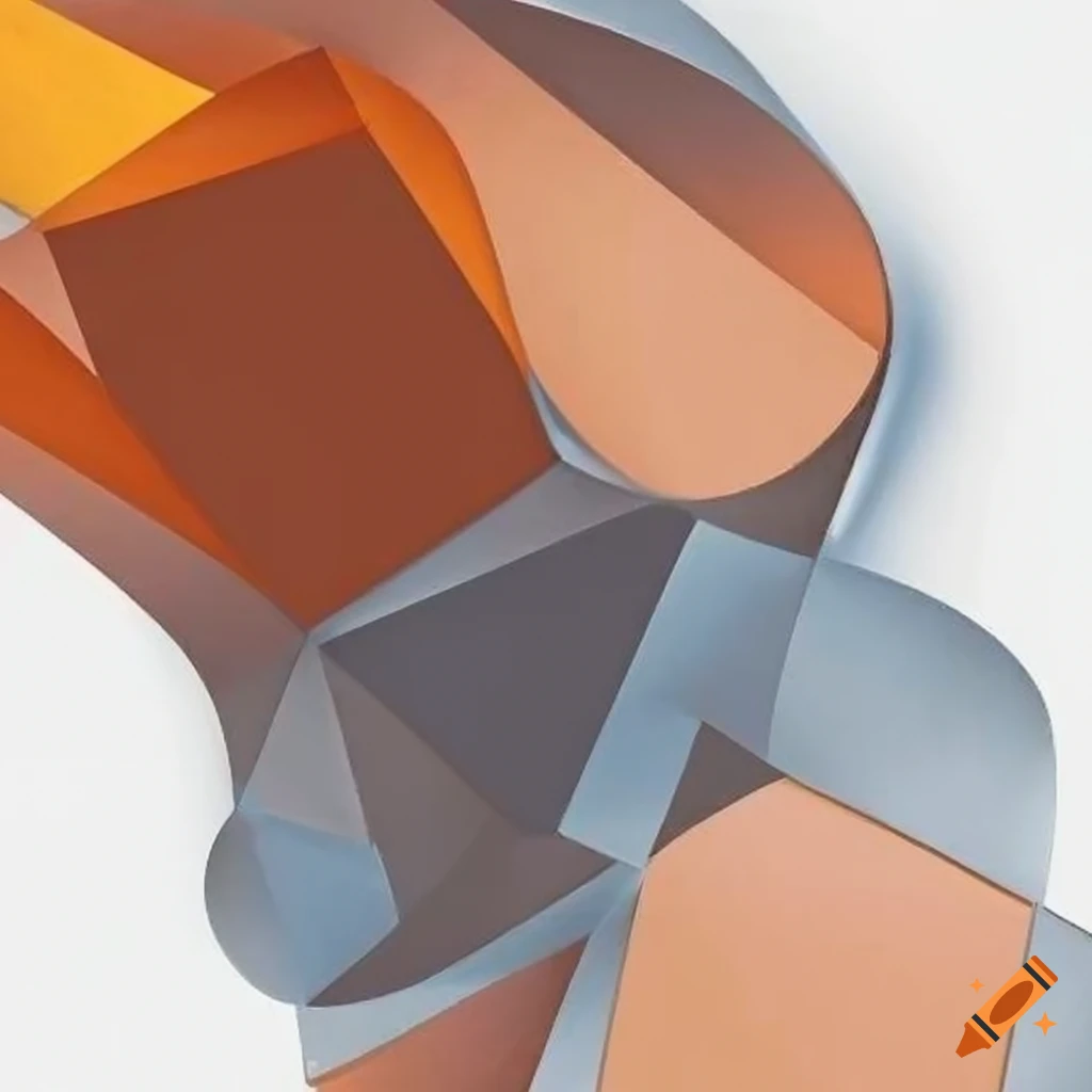 cubist abstract painting in coral, amber, and silver hues