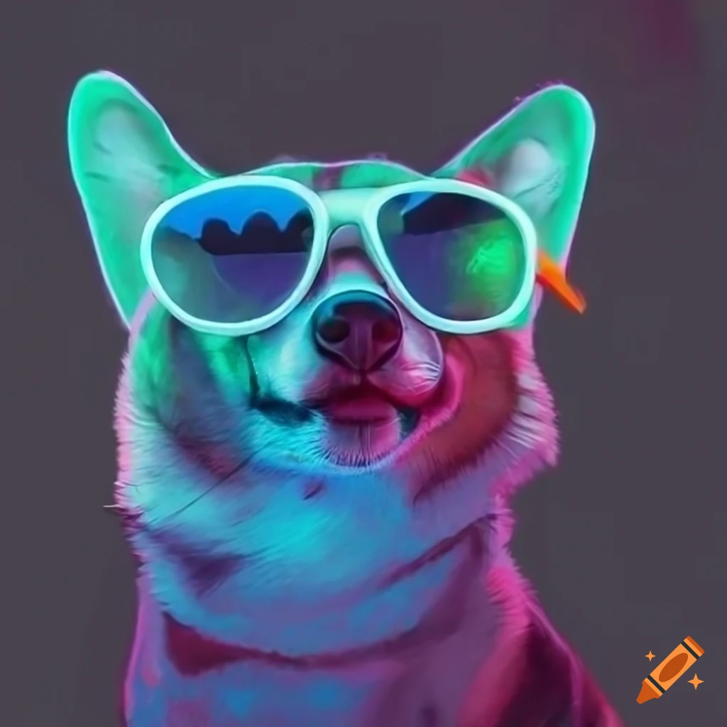 neon shaded drawing of a corgi with sunglasses