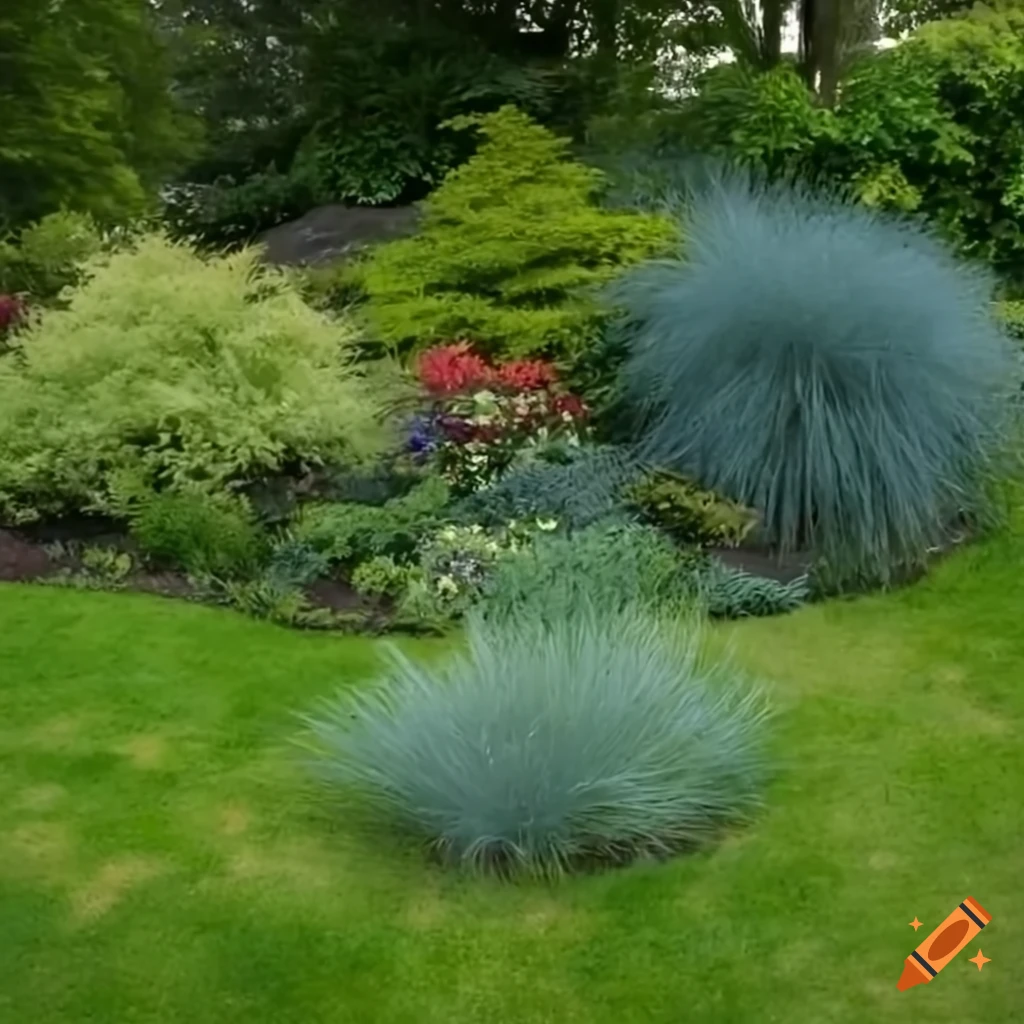 garden bed with ripe cranberries, fern and festuca gautieri elijah blue