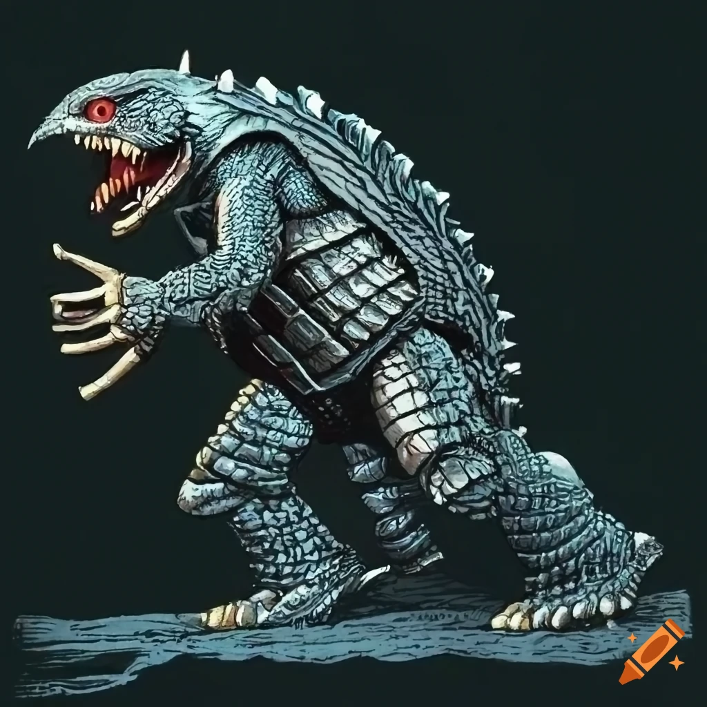 detailed illustration of Gamera and a Cylon Centurion in a labyrinth