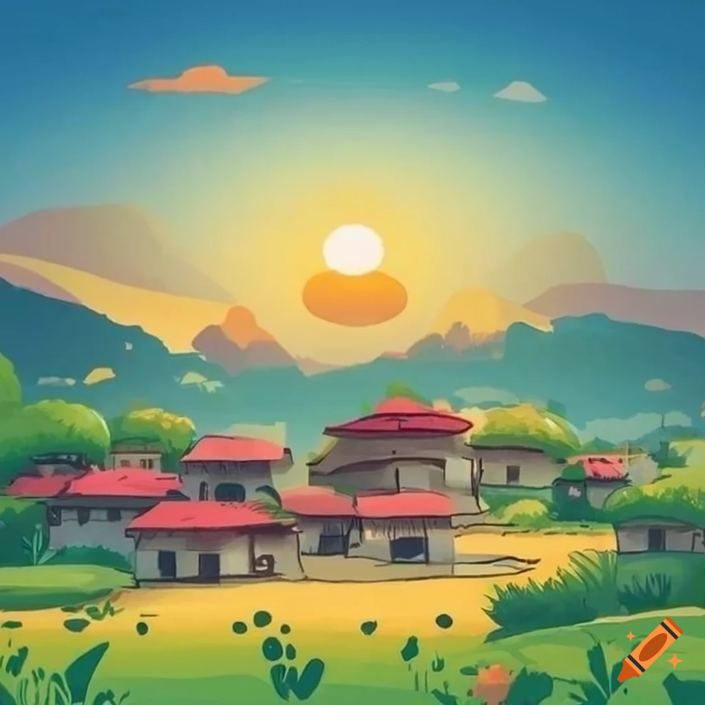Ghibli-style illustration of a peaceful Indian village at sunrise on Craiyon