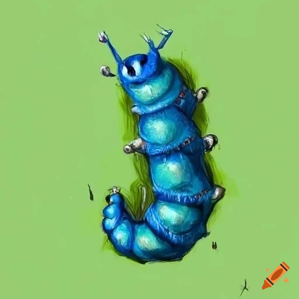 sketch of a blue caterpillar on green screen background