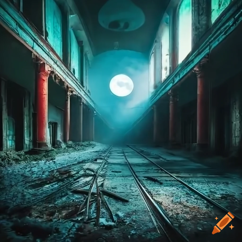 photorealistic depiction of a dark abandoned train station