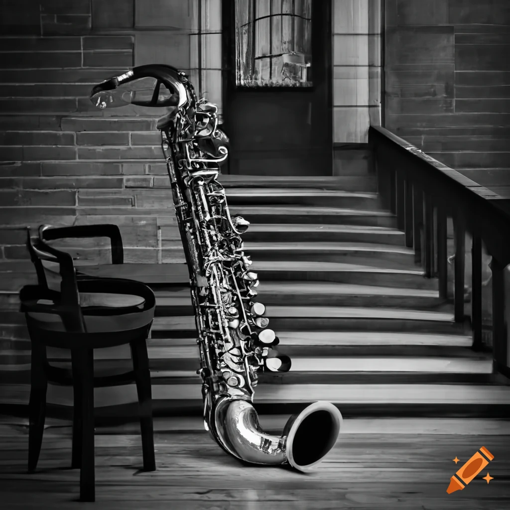 black and white image of a staircase with a saxophone
