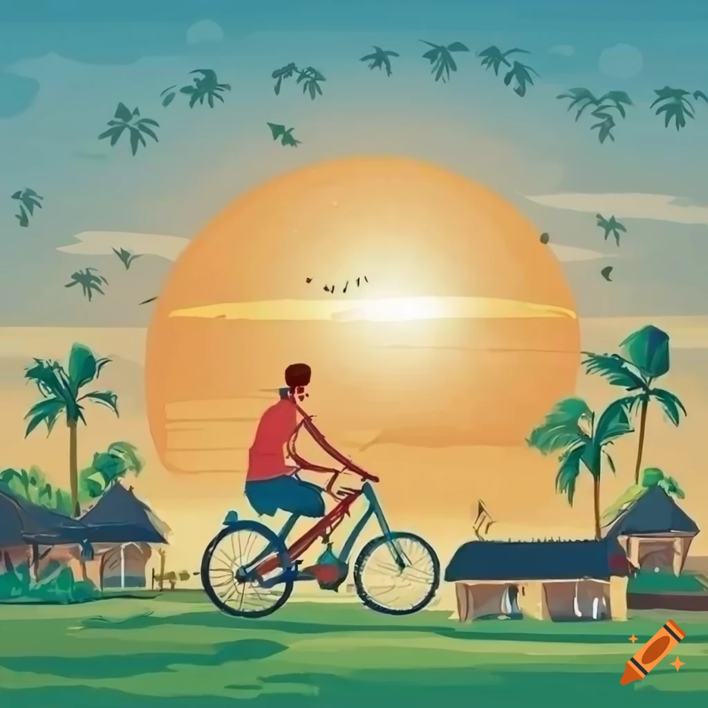 Ghibli style illustration of an Indian village at sunrise