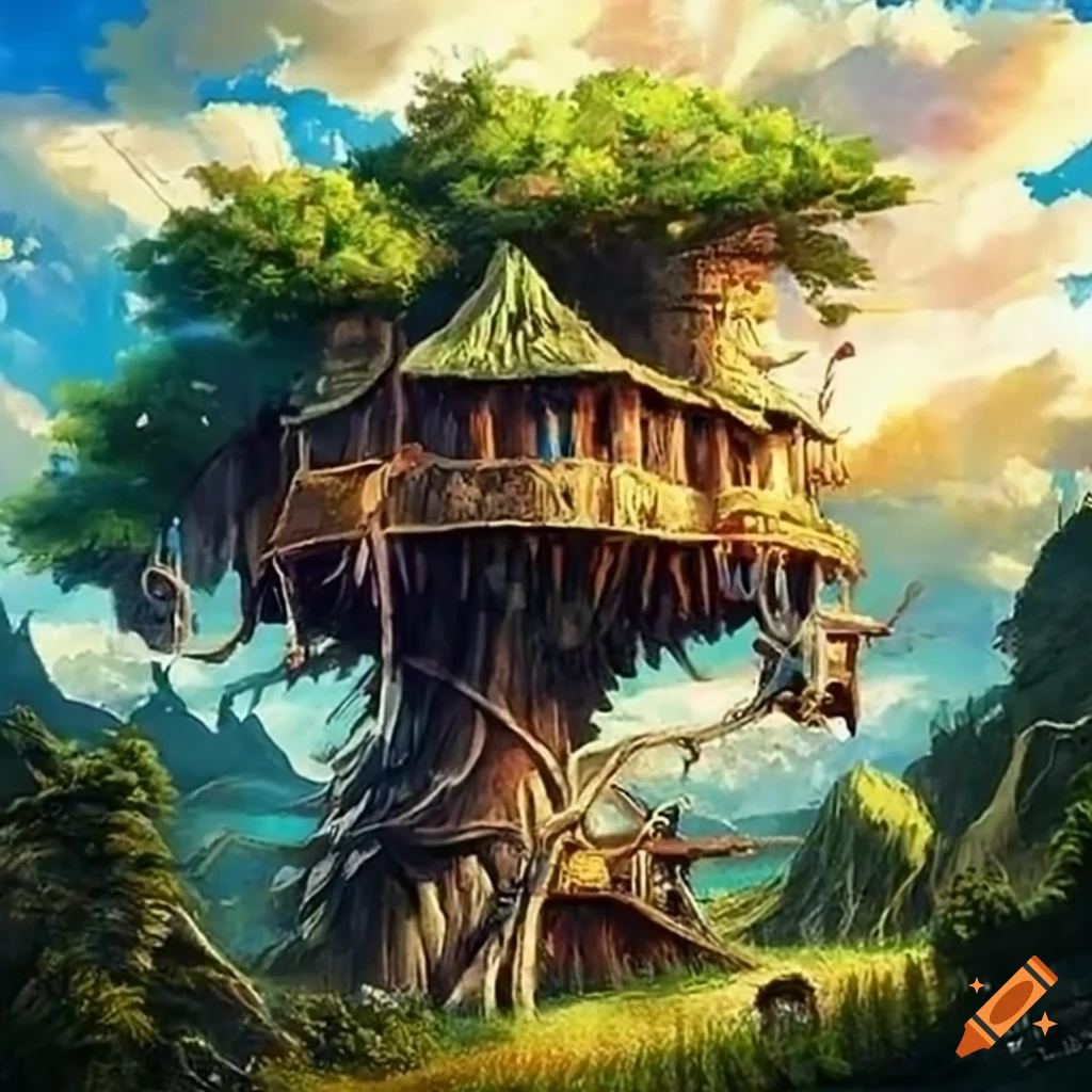 fantasy artwork of a giant treehouse in the clouds