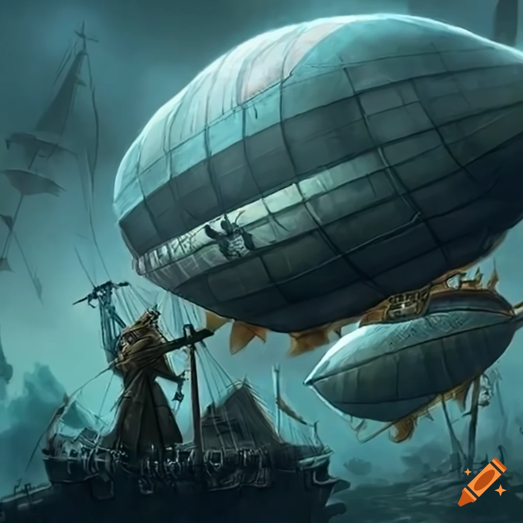 artwork depicting an airship battle