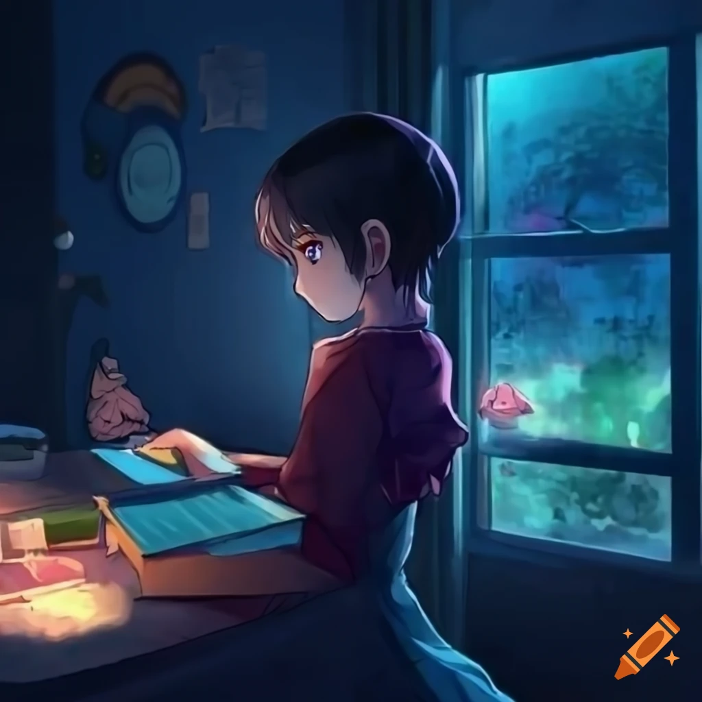 lo-fi anime girl studying in a well-lit room